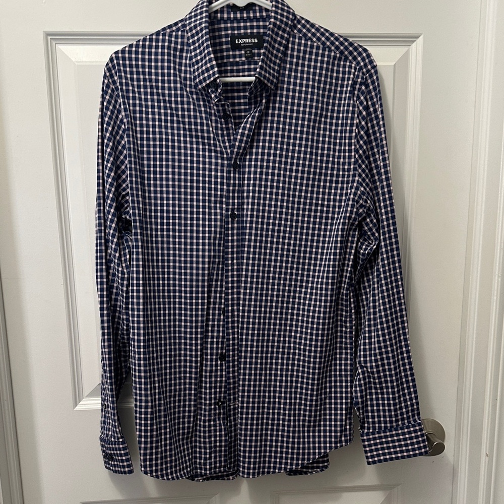 Express Men's Navy and White Plaid Shirt